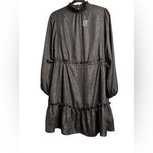 LOFT Metallic Shimmer Ruffle Neck Tiered Dress Petite Medium Black Long Sleeve